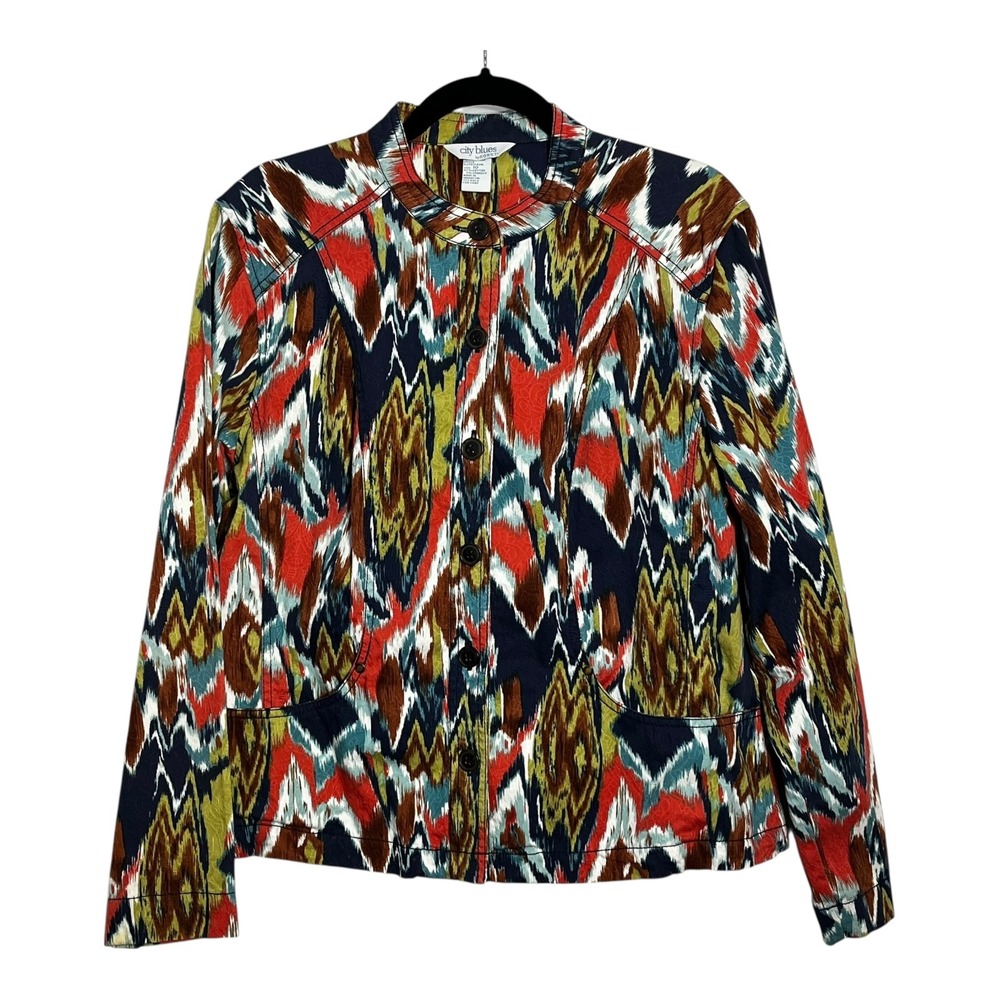City Blues by Koret Womens Ikat Abstract‎ Print Button Front Jacket Red Navy 10